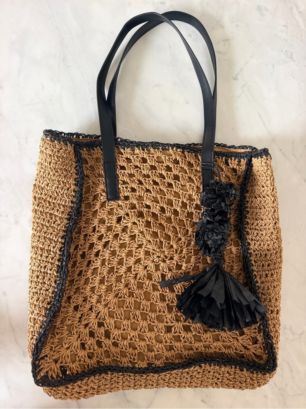 Rachel Zoe Tan Woven Tote with Black Trim and Tassel